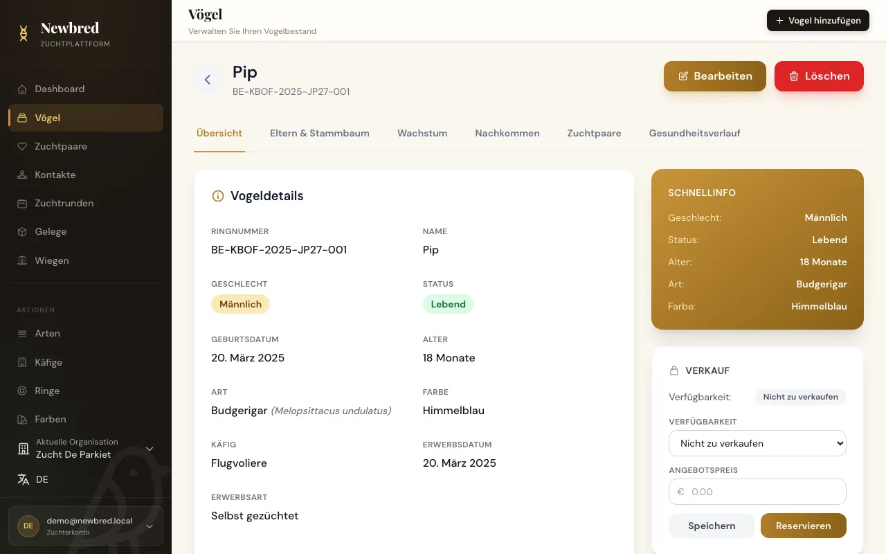 Vogelseite mit Daten, Kurzinfo und Verkaufsbereich