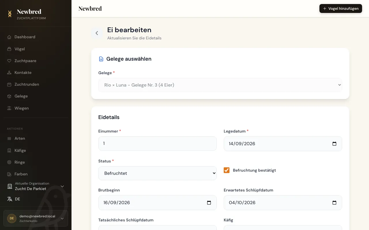 Eiformular mit Legedatum, Status, Brutbeginn und erwartetem Schlupftermin