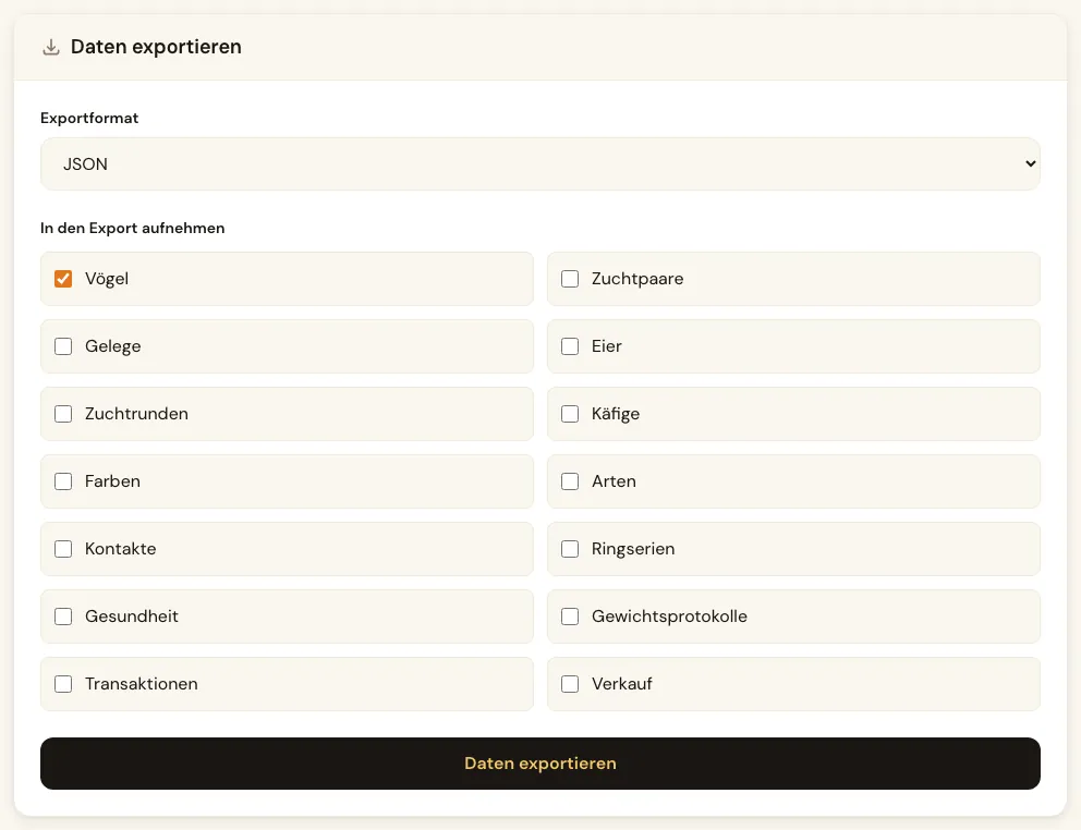 Exportformular mit Format und den einzuschließenden Daten