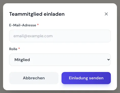 Einladungsfenster mit E-Mail-Adresse und Rolle