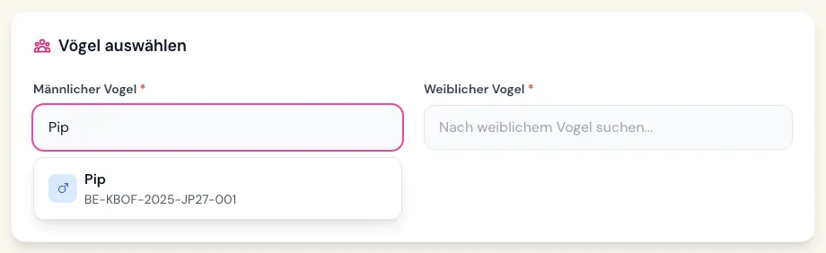 Suche nach dem Hahn per Name beim Anlegen eines Zuchtpaares
