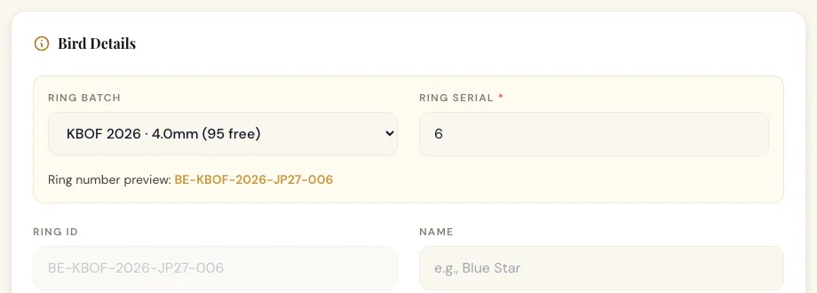 Bird form with ring batch, serial and the composed ring number