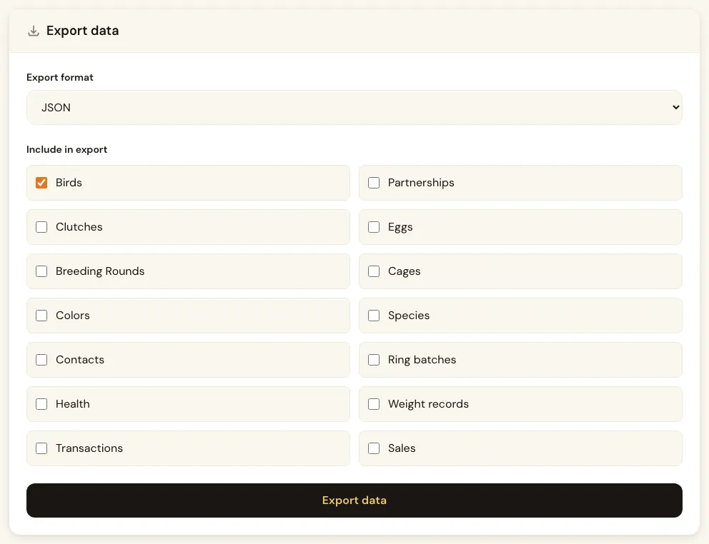 Export form with the format and the data to include