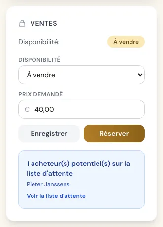 Panneau de vente d'un oiseau avec disponibilité et prix demandé