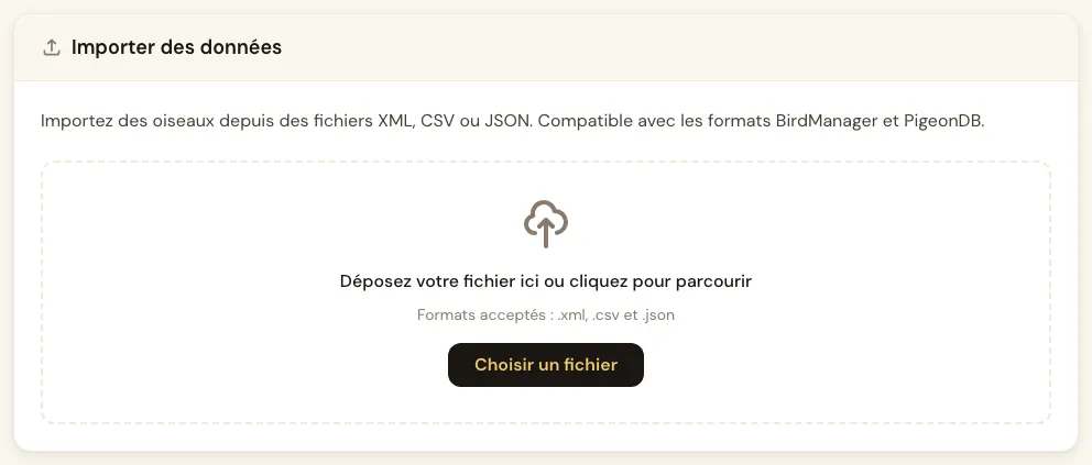 Zone d'import où déposer un fichier