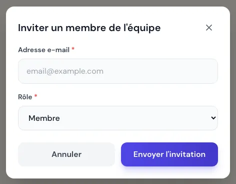 Fenêtre d'invitation avec adresse e-mail et rôle