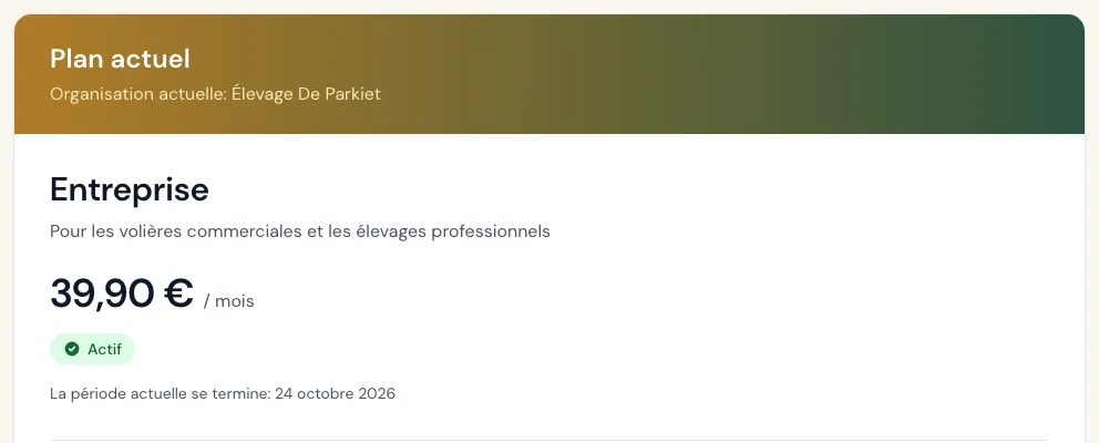 Page de facturation avec la formule actuelle et sa période