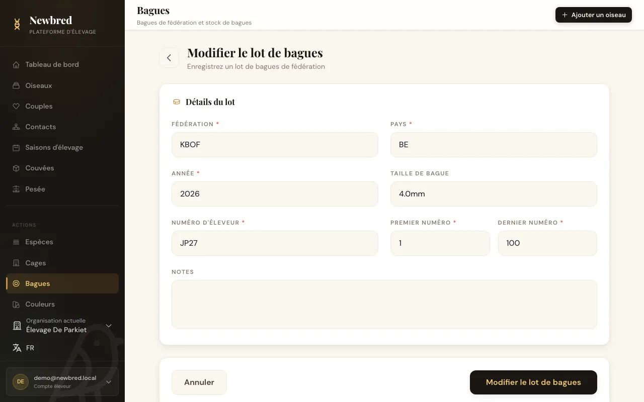 Formulaire d'une série de bagues avec fédération, année, taille et plage de numéros