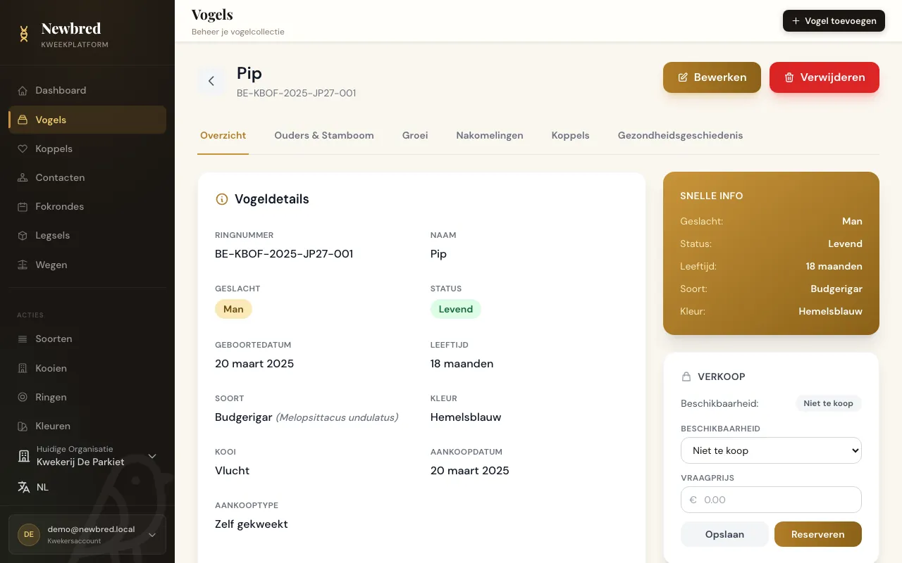 Vogelpagina met gegevens, snelle info en verkooppaneel