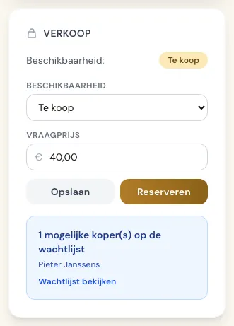 Verkooppaneel van een vogel met beschikbaarheid en vraagprijs