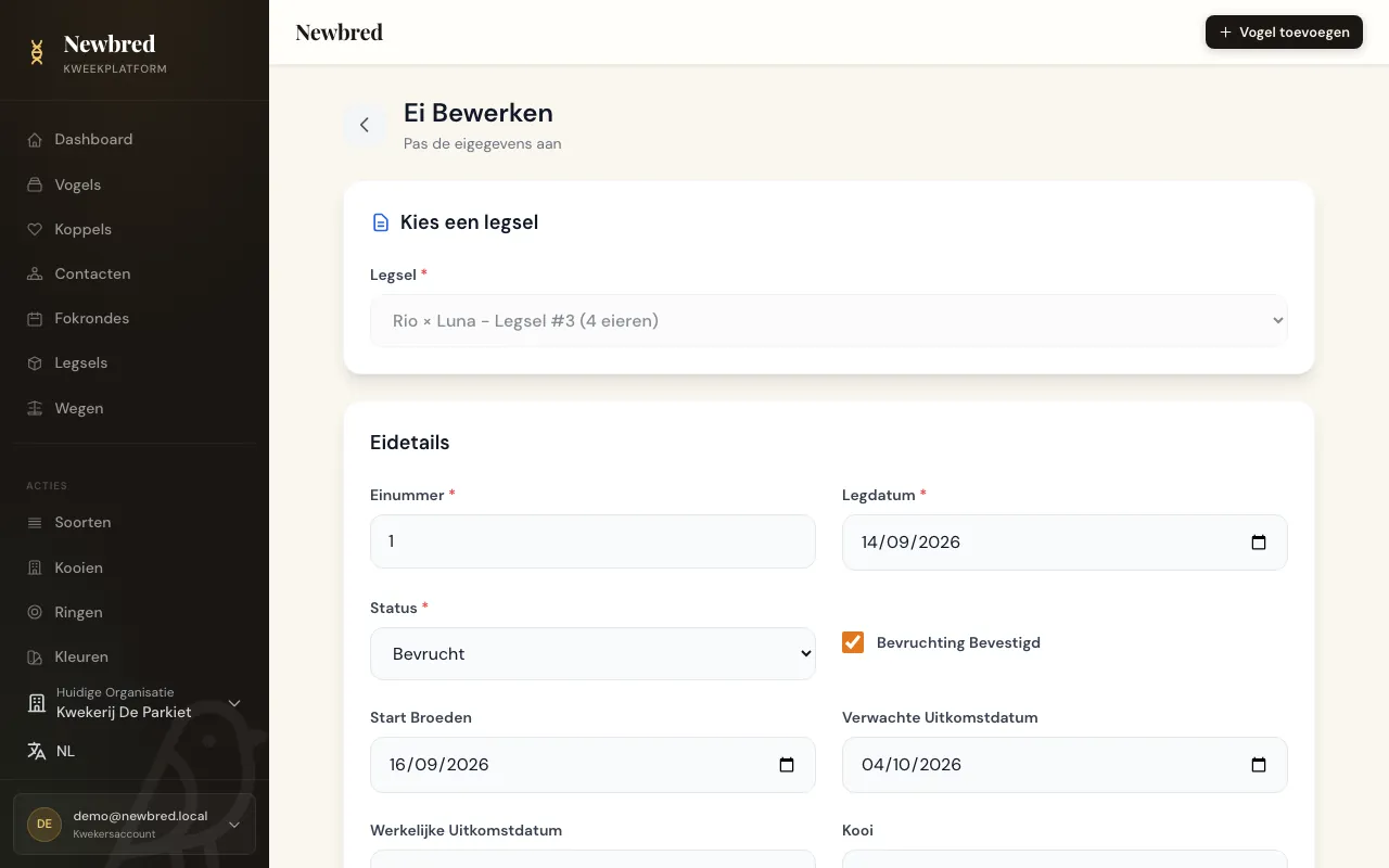 Eiformulier met legdatum, status, start van het broeden en verwachte uitkomstdatum