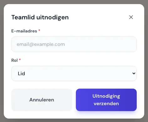 Uitnodigingsvenster met e-mailadres en rol
