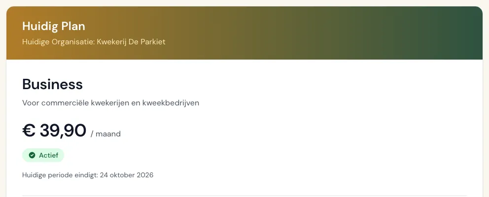 Facturatiepagina met het huidige abonnement en de periode
